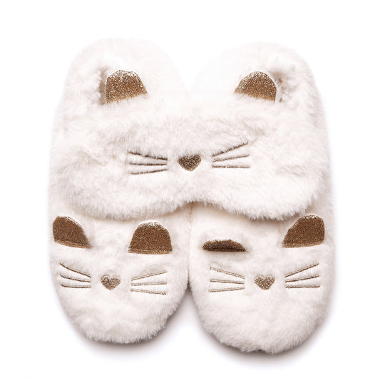 Ladies Cat Design Slippers & Matching Eye Mask Gift Set - Soft Faux Fur with Glittery Accents Present for Cat Lovers