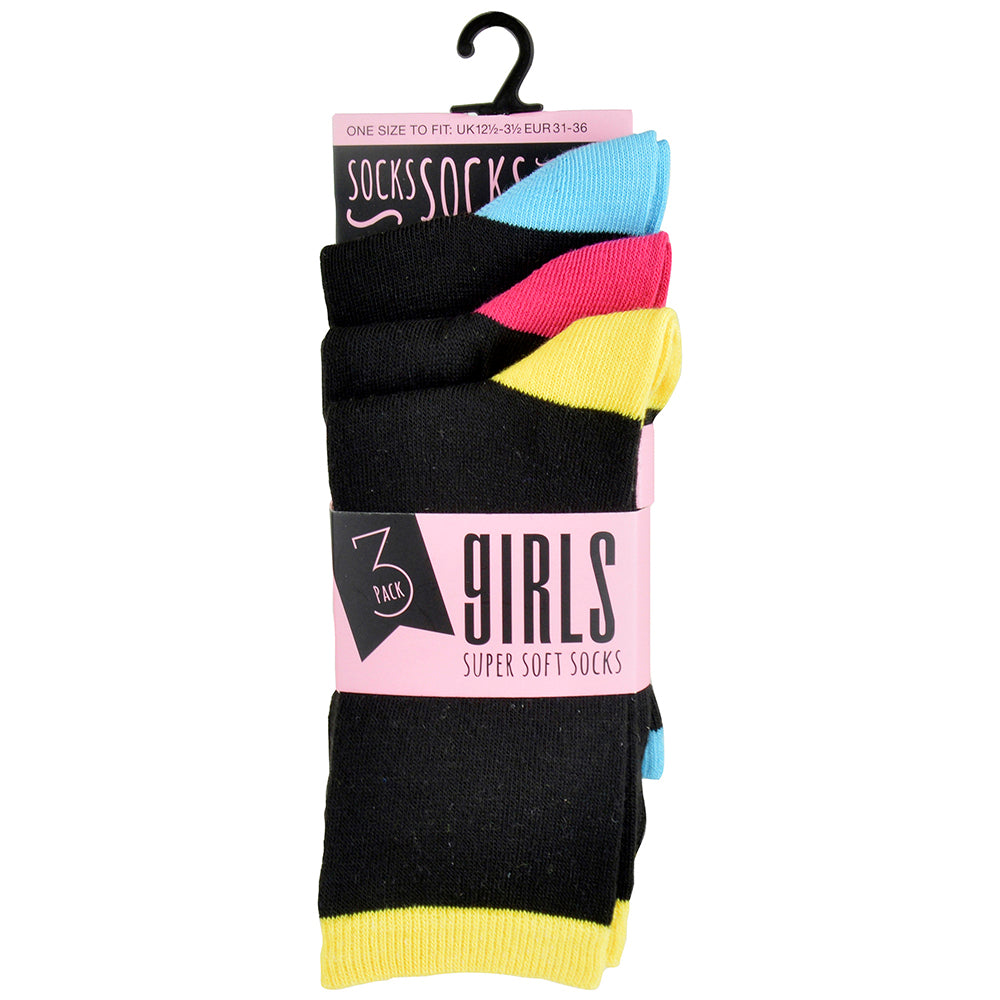 Girls' Black Socks – 6-Pack Value Multipack with Coloured Ribs, Heels, and Toes | Everyday Comfort | 98% Polyester, 2% Elastane