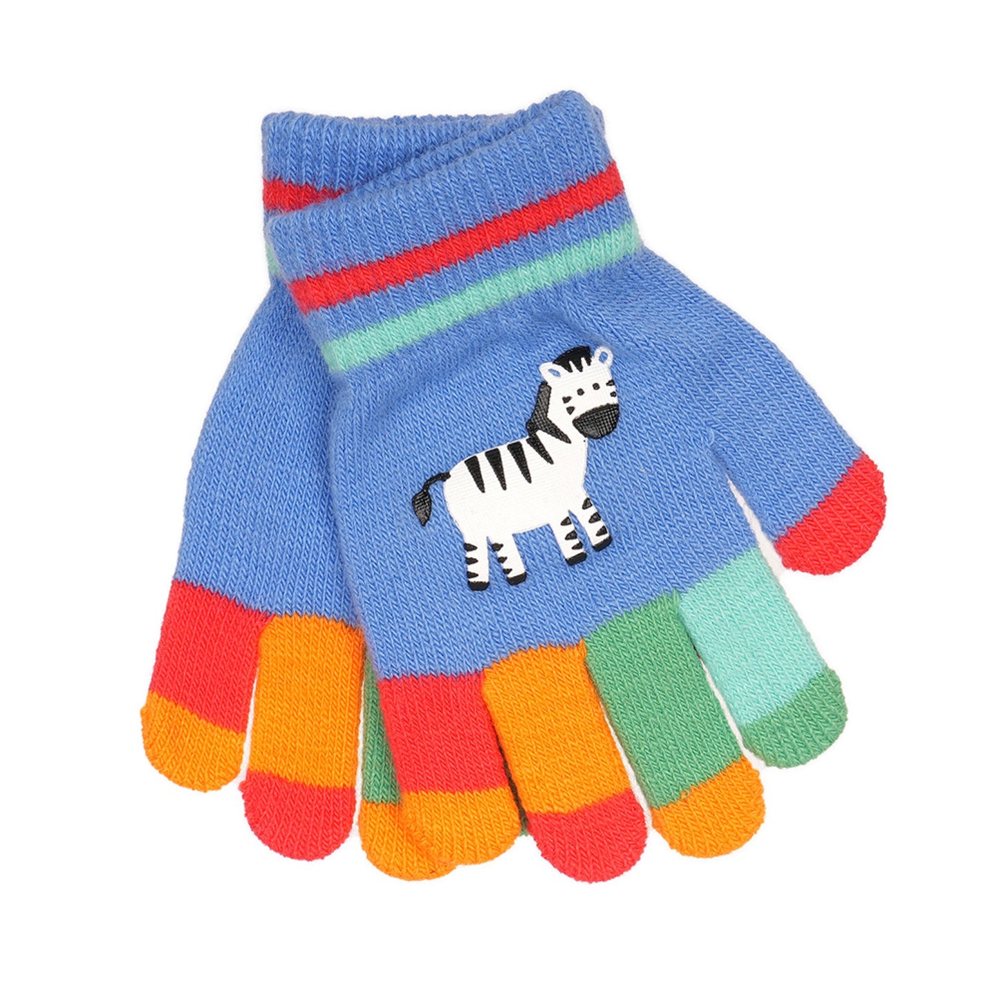 3 Pairs Children's Colourful Striped Thermal Magic Stretch Gloves with Animal Motifs - Elephant, Giraffe, Zebra