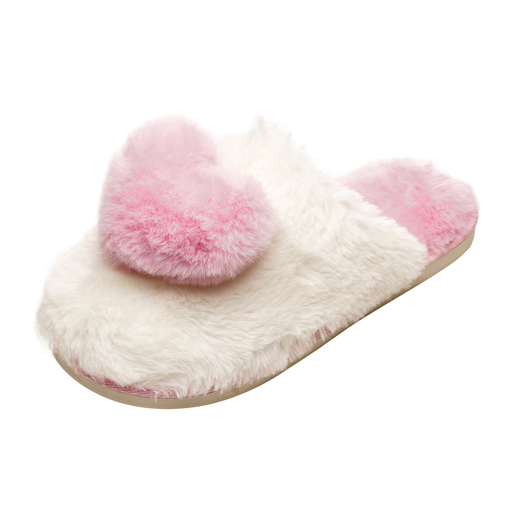 Women’s Faux Fur Heart Mule Slippers Fleece Lined Non Slip Sole Cosy Gift