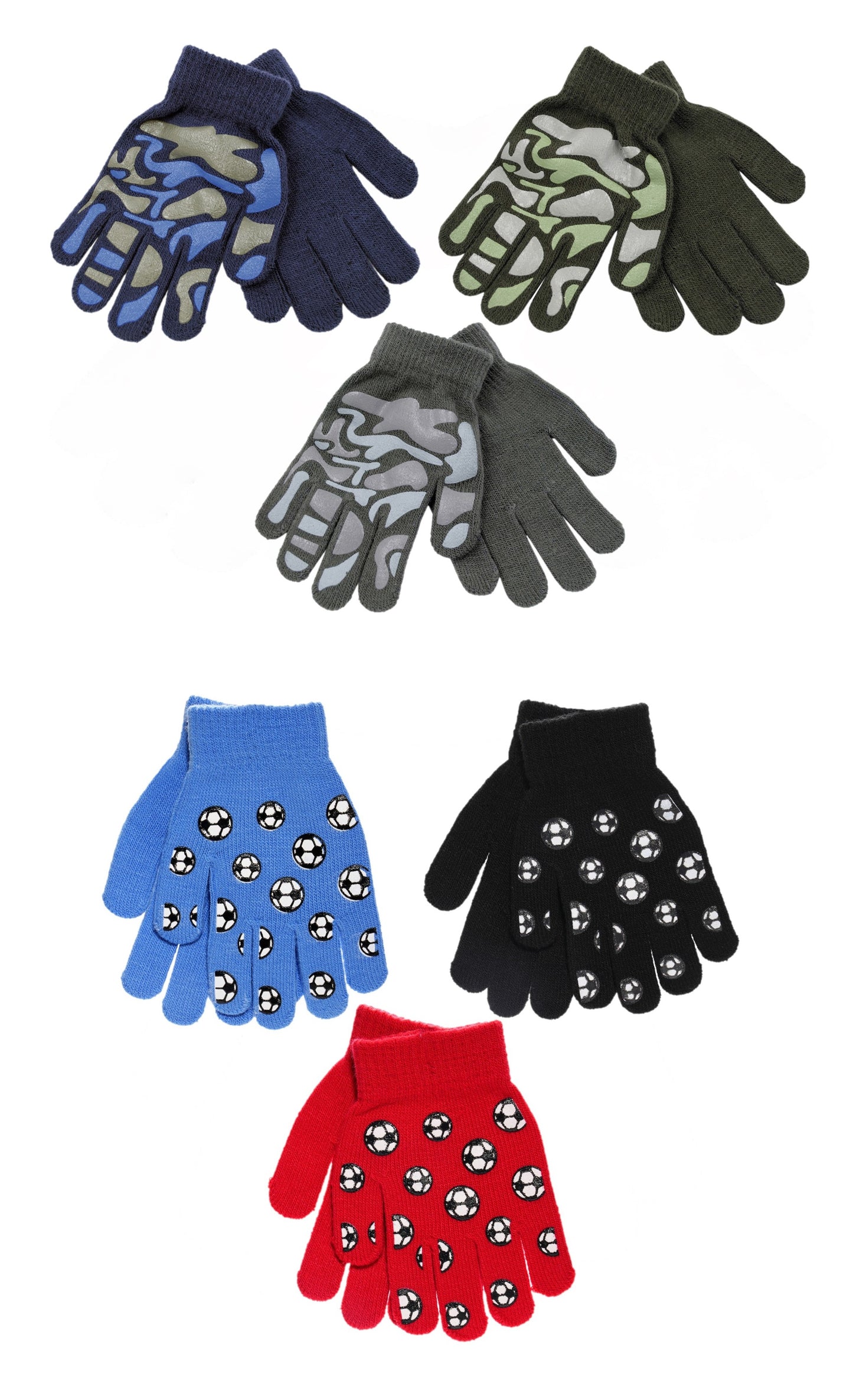 Boys 3 Pack Magic Stretch Gloves Gripper Winter Camo Football Warm
