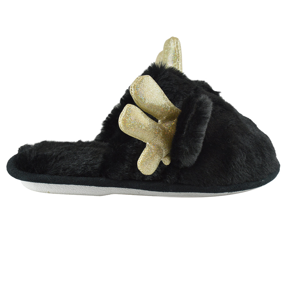 Girls Reindeer Christmas Slippers Black Faux Fur Antlers Ears Non Slip Sizes 9-3