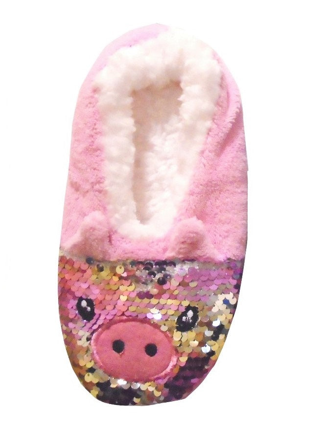 Ladies 2-Pack Pig Design Slipper Socks with Reversible Sequins Cosy & Fun Footwear