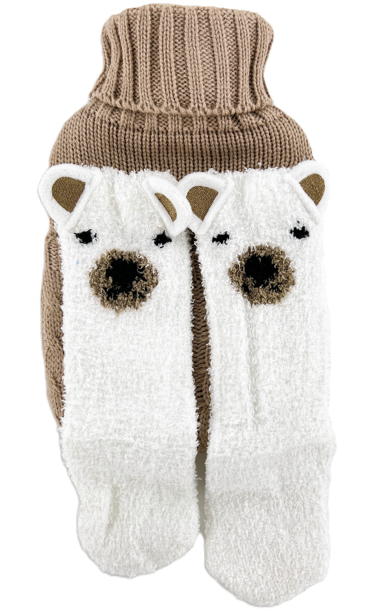 1L Hot Water Bottle with Knitted Cable Cover & Polar Bear Fleece Socks Gift Set – Screw-Top Bottle – Cosy Winter Warmer – Ideal Comfort & Relaxation Gift for Adults & Kids