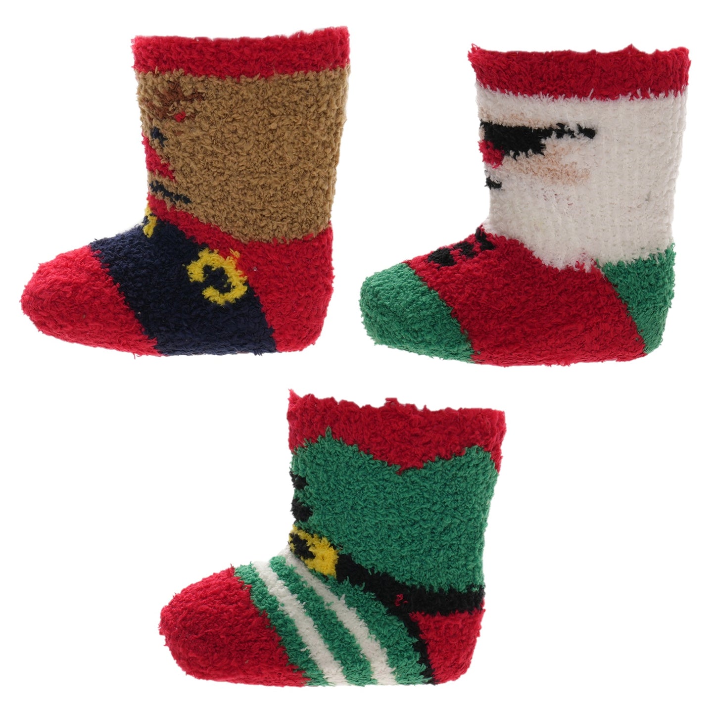 3 Pack Baby Christmas Gripper Socks Cosy Supersoft Fluffy Xmas Patterned Non-Slip Pram Socks