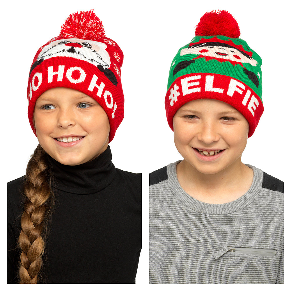 Christmas Elf & Santa Claus Knitted Bobble Hats - 2 Pack Children's