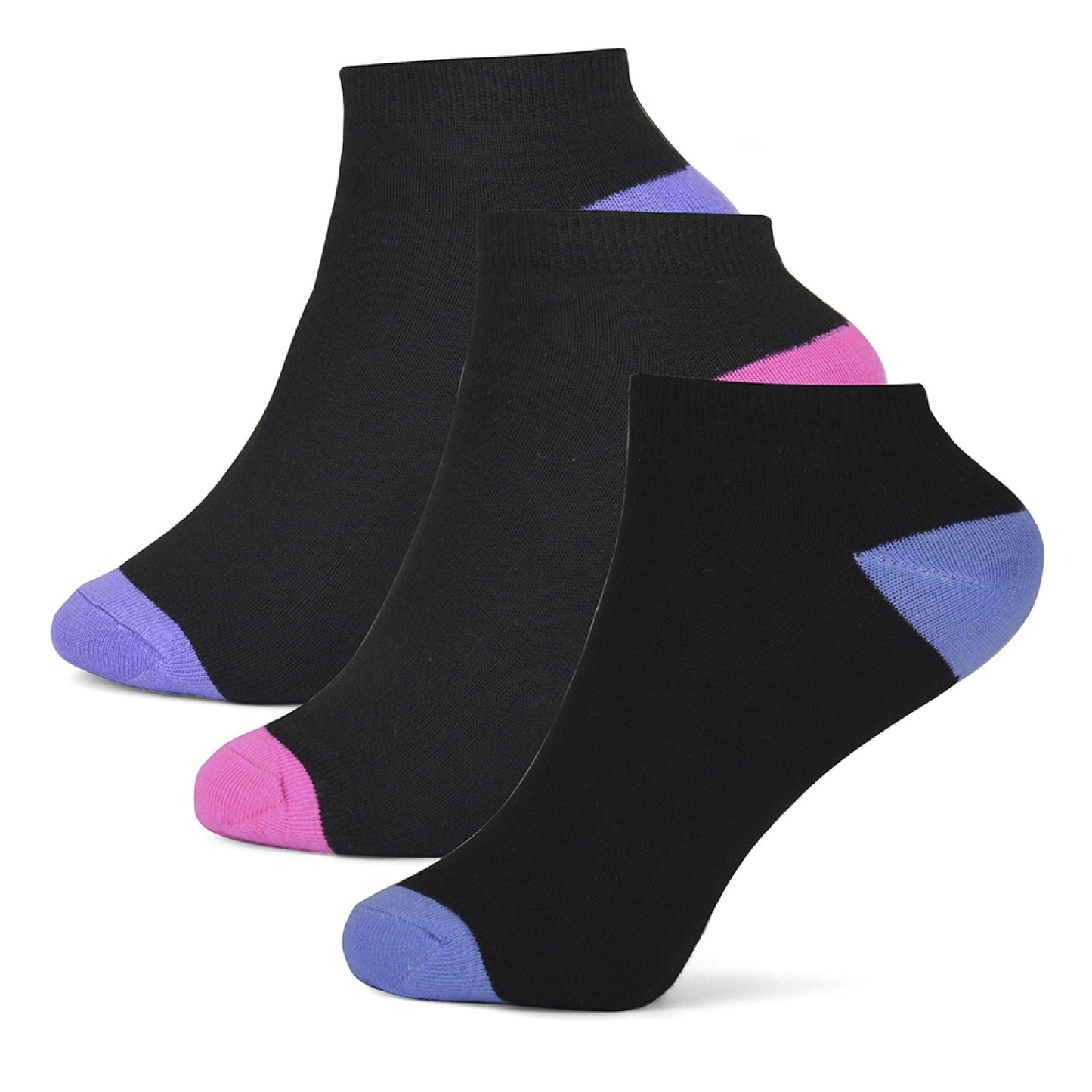 6 Pairs Ladies Trainer Liner Socks Black or White with Multicolour Toes & Heels