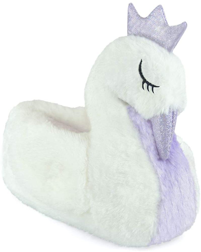 Girls' Plush 3D Swan Slippers – Soft Faux Fur – Sparkly Crown & Beak – Non-Slip Indoor Shoes – Pink or Lilac – UK Child Sizes 9-10, 11-12, 13-1 & UK Size 2-3