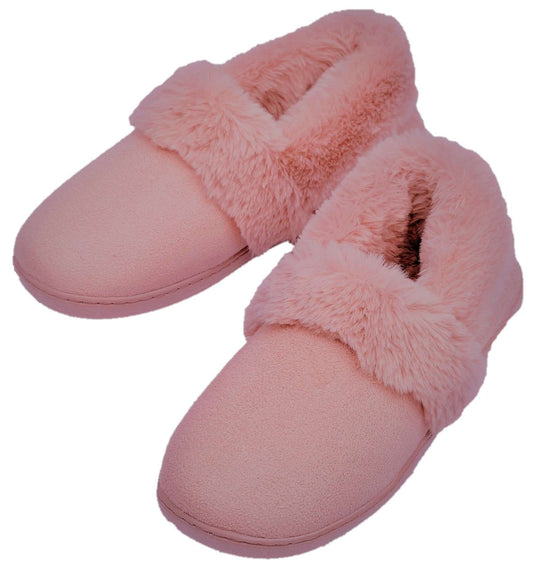 Ladies Pink Memory Foam Full Back Slippers with Faux Fur Trim