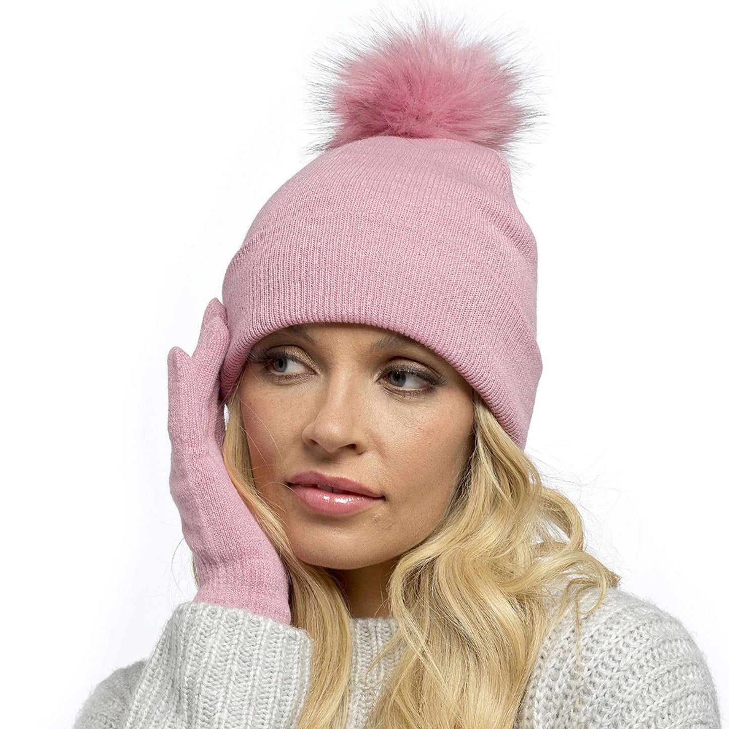 Ladies Pom Pom Hat and Touch Screen Gloves Set