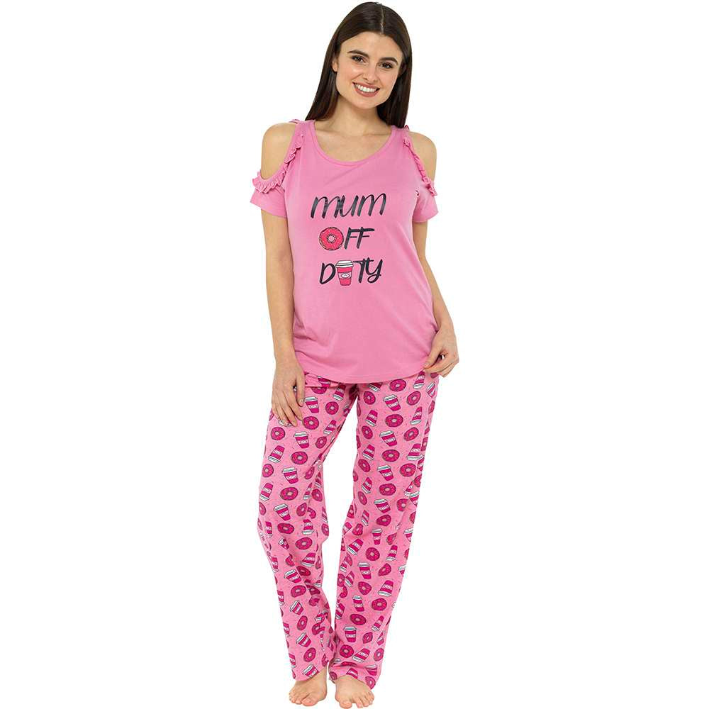 Ladies Pink "Mum Off Duty" Ruffle Detail Cold Shoulder Cotton Pyjamas