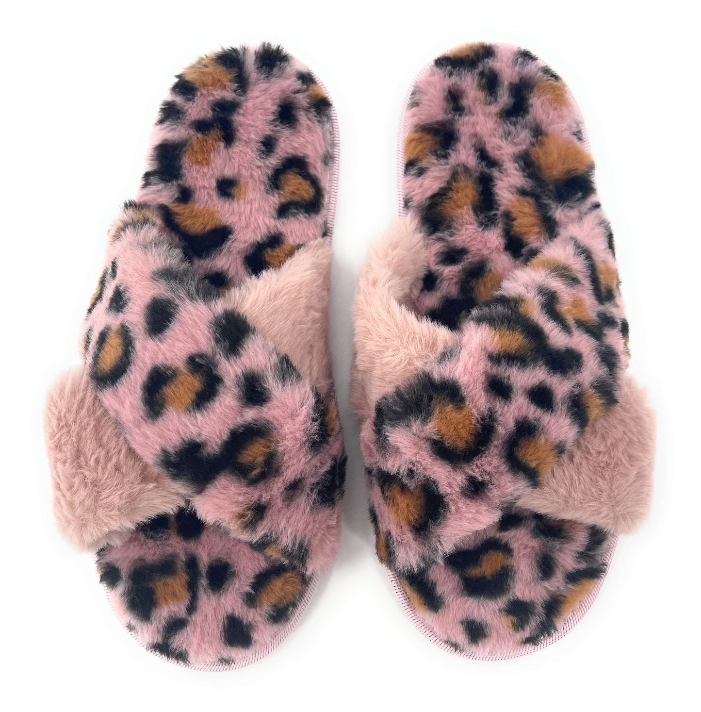 Ladies Leopard Print Faux Fur Crossover Slider Slipper