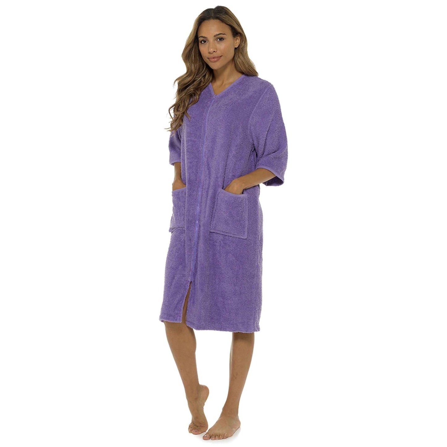 Ladies 100% Cotton Terry Towelling Zip Up Bath Robe Dressing Gown House Coat