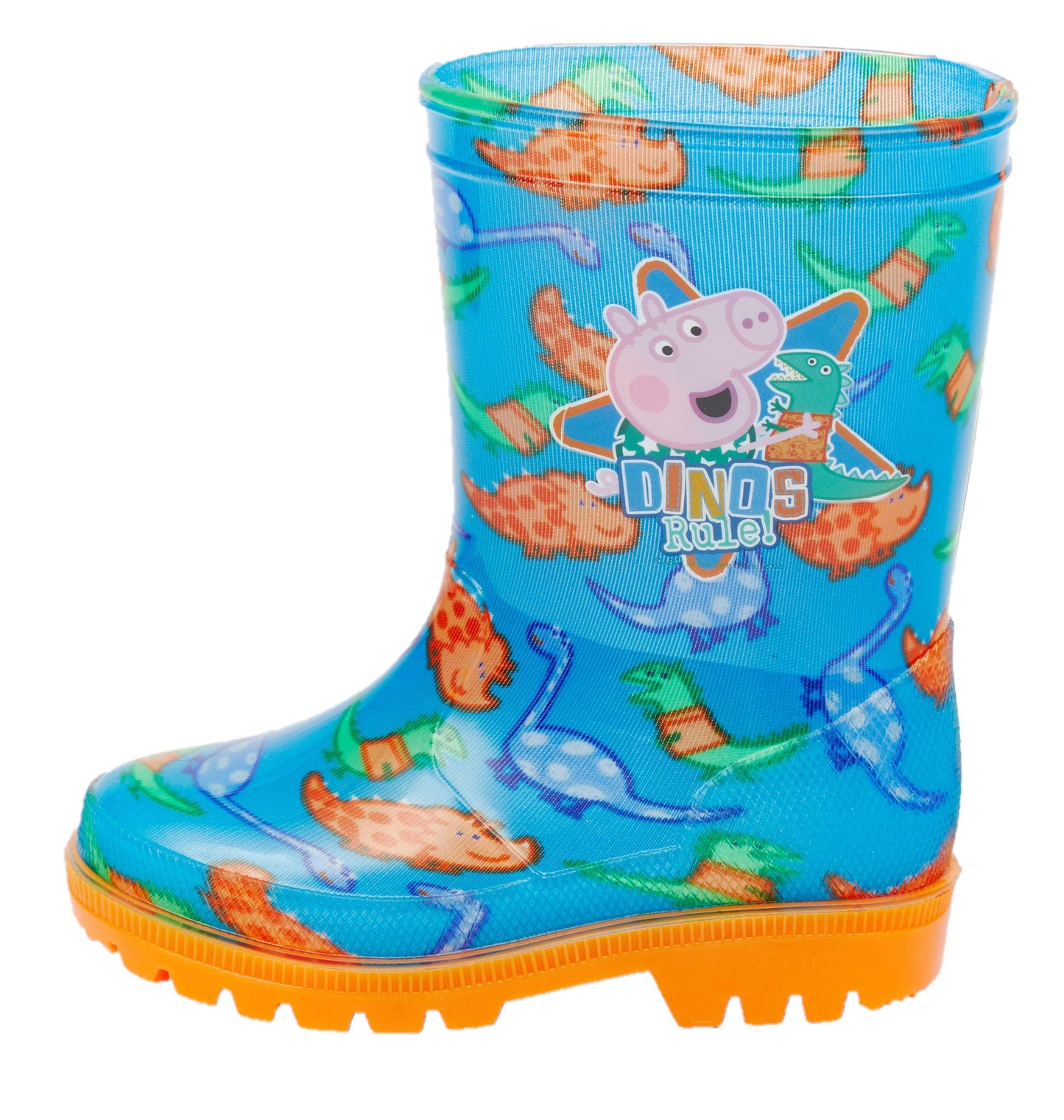 George Pig "Dinos Rule" Boys Blue and Orange PVC Wellington Boots