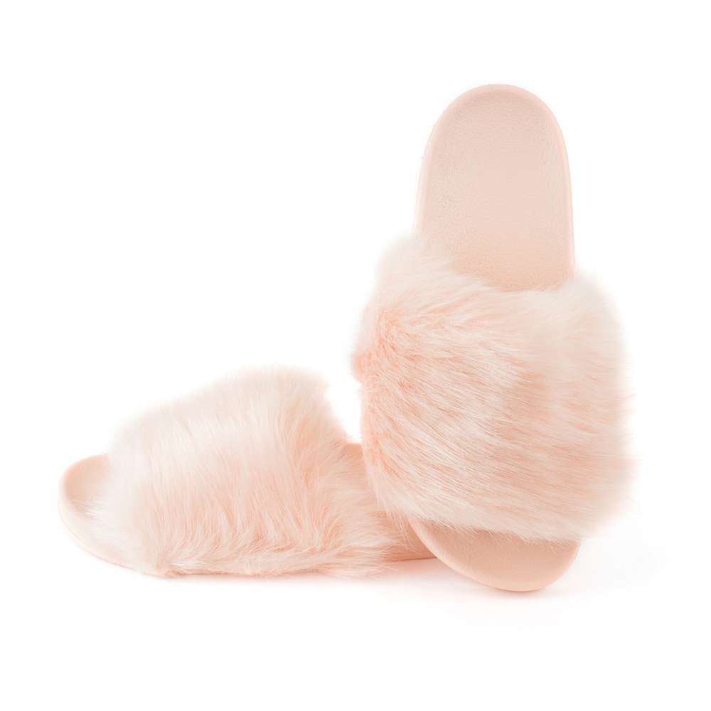 Ladies Fluffy Faux Fur Cuff Sliders