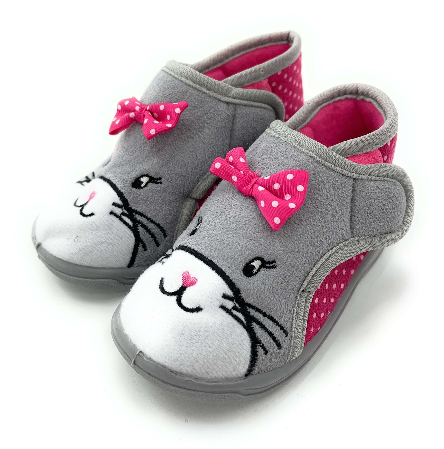 Toddler Girls Pink and Grey Cat Design Easy Close Bootie Slippers
