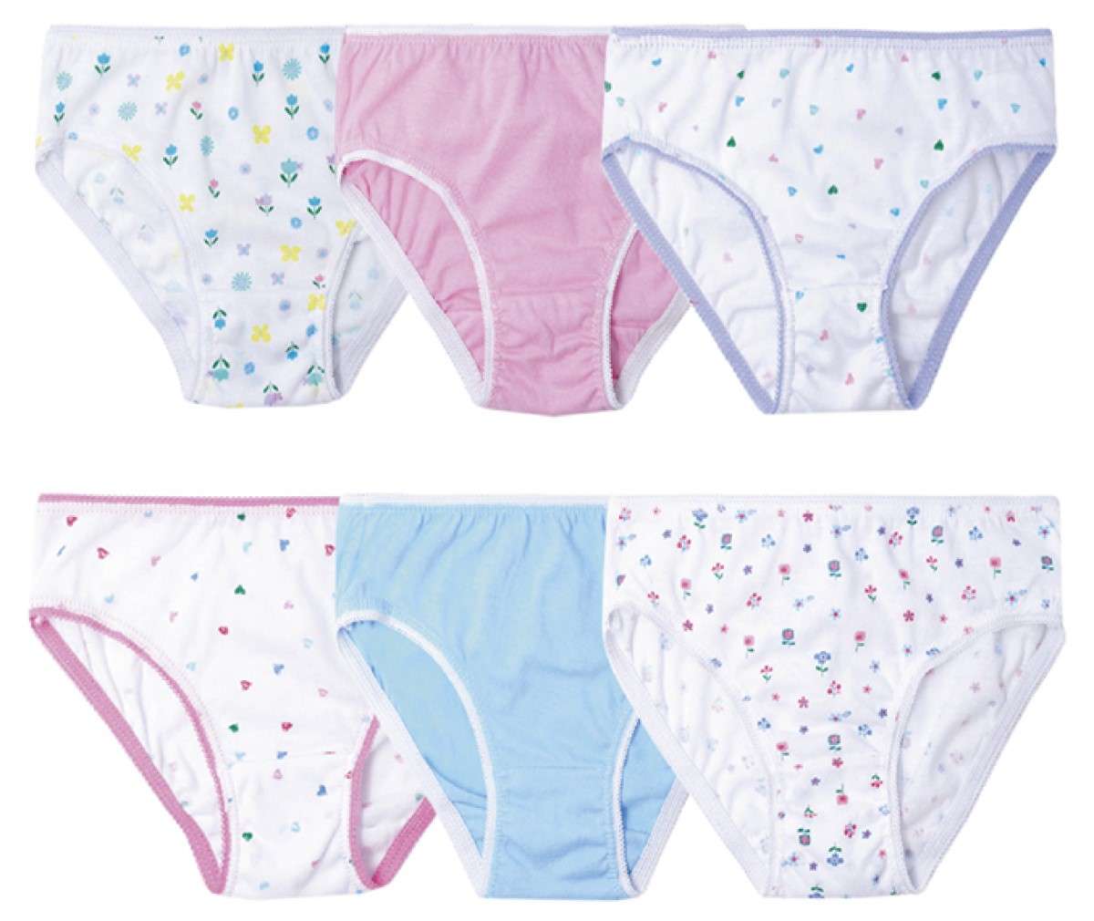 Girls 6 PK Cotton Knickers Briefs "Hearts and Flowers" 2-3 Years, 3-4 Years