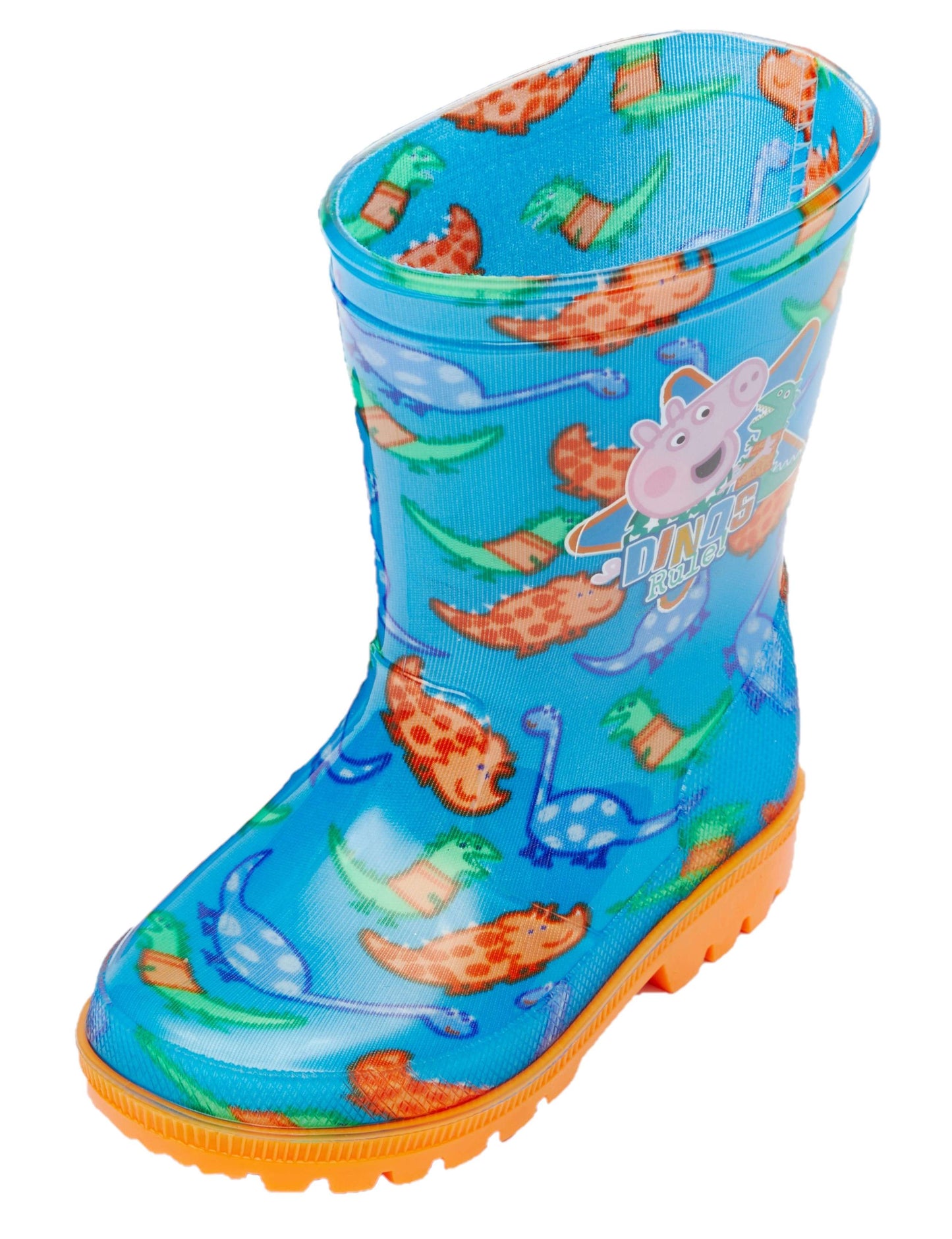 George Pig "Dinos Rule" Boys Blue and Orange PVC Wellington Boots