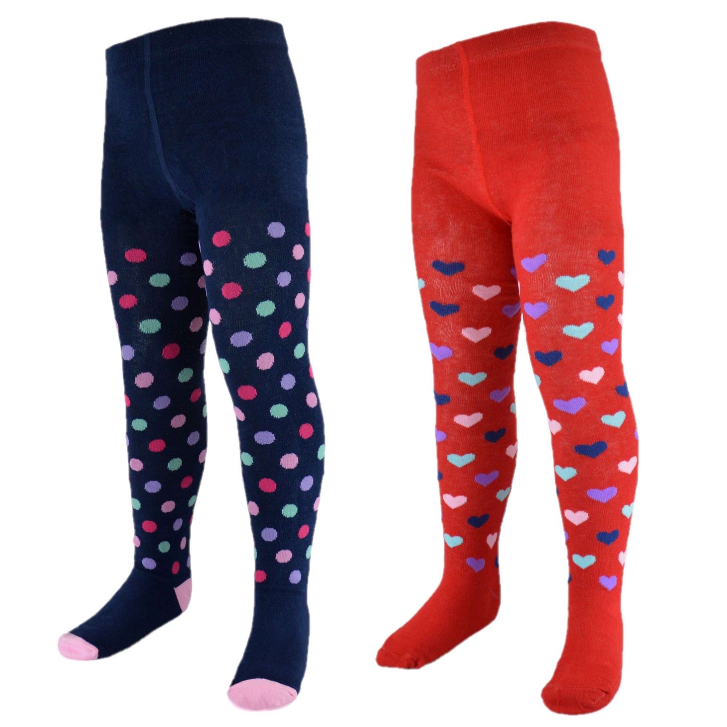 2 Pairs Girls Hearts and Spots Patterned Supersoft Cotton Rich Knitted Tights