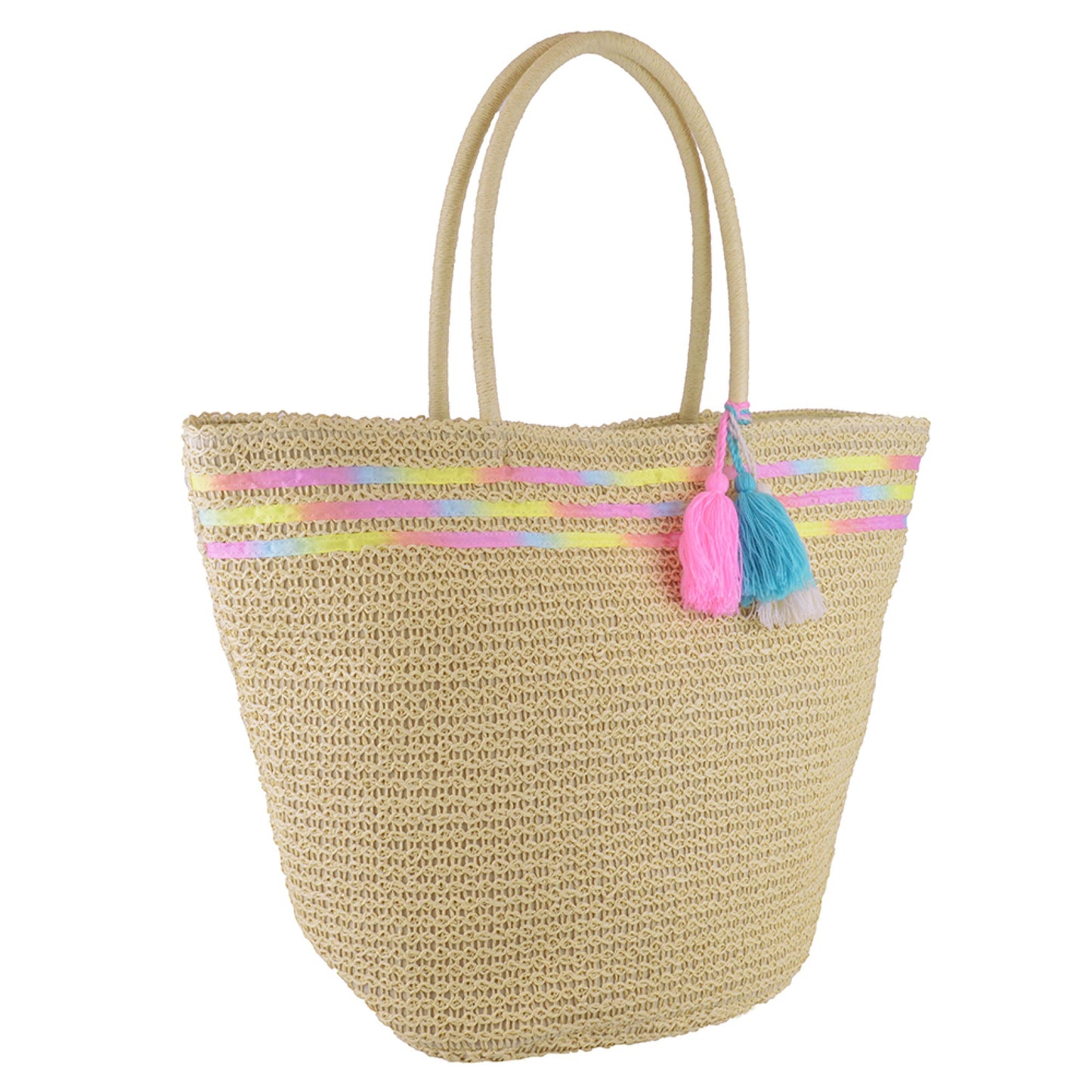 Cream Paper Straw Summer Tote Beach Bag with Pom Poms
