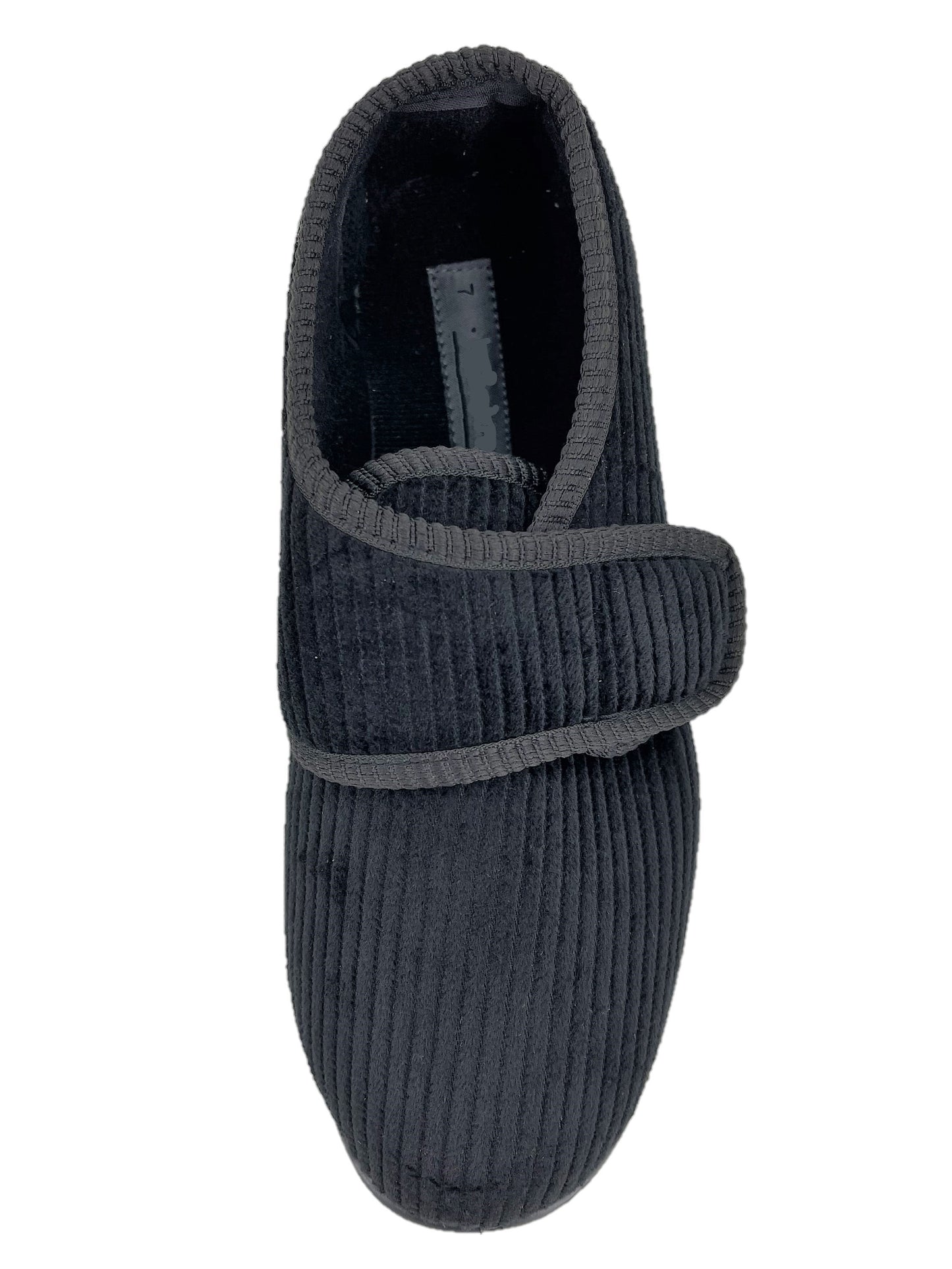 Men's Easy Access Black Corduroy Touch-and-Close Strap Slippers House Shoes