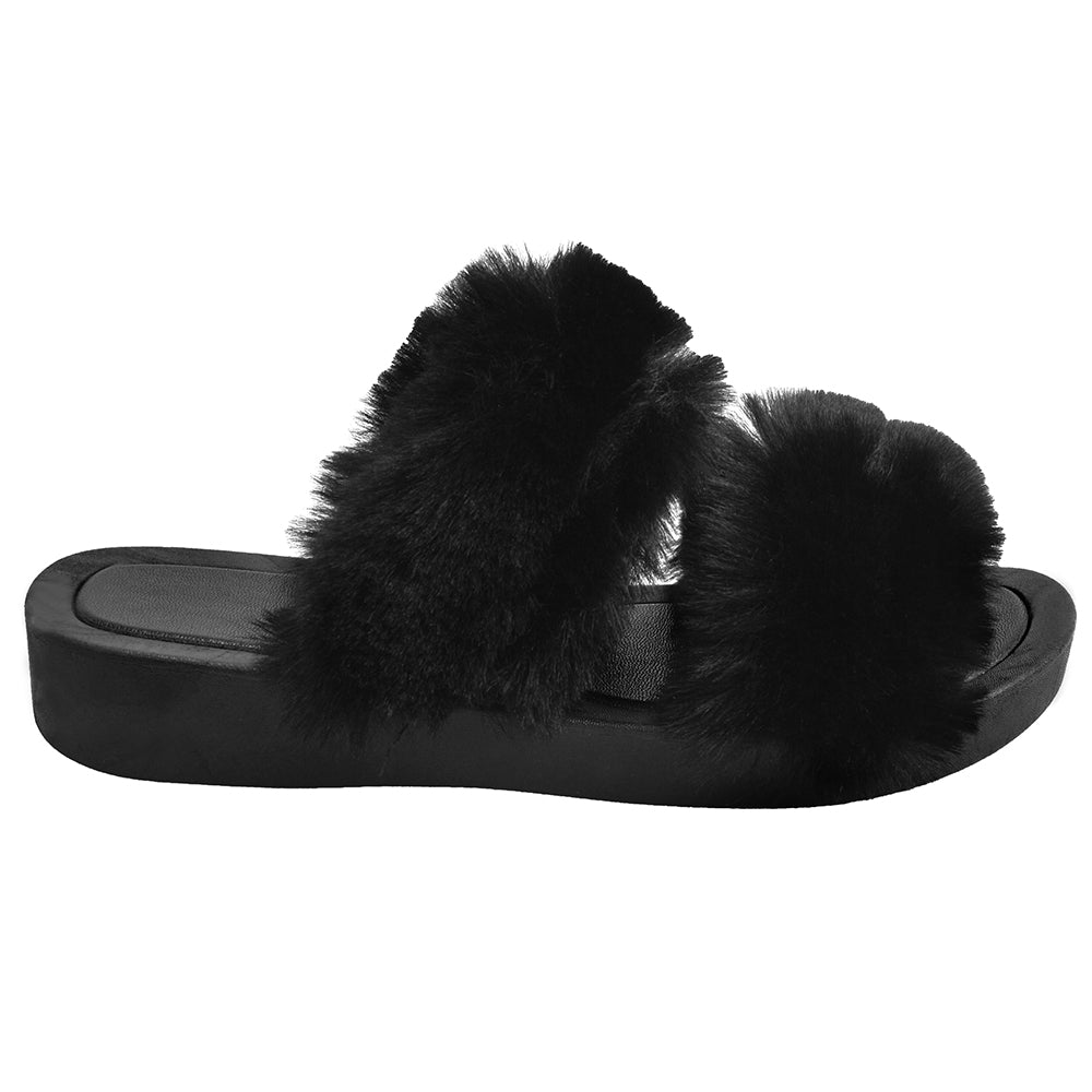 Ladies Black Two Strap Fluffy Faux Fur Fashion Pool Sliders Beach Sandals