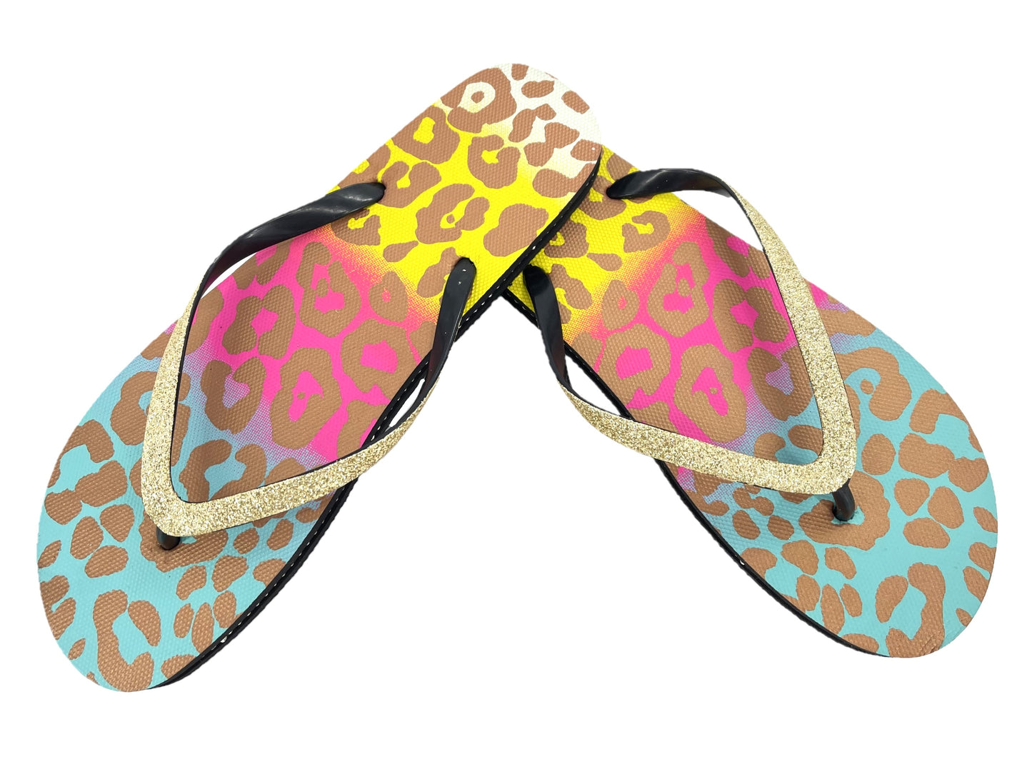 Ladies Leopard Print Glittery Strap Summer Flip Flops Beach Sandals with Diamantes
