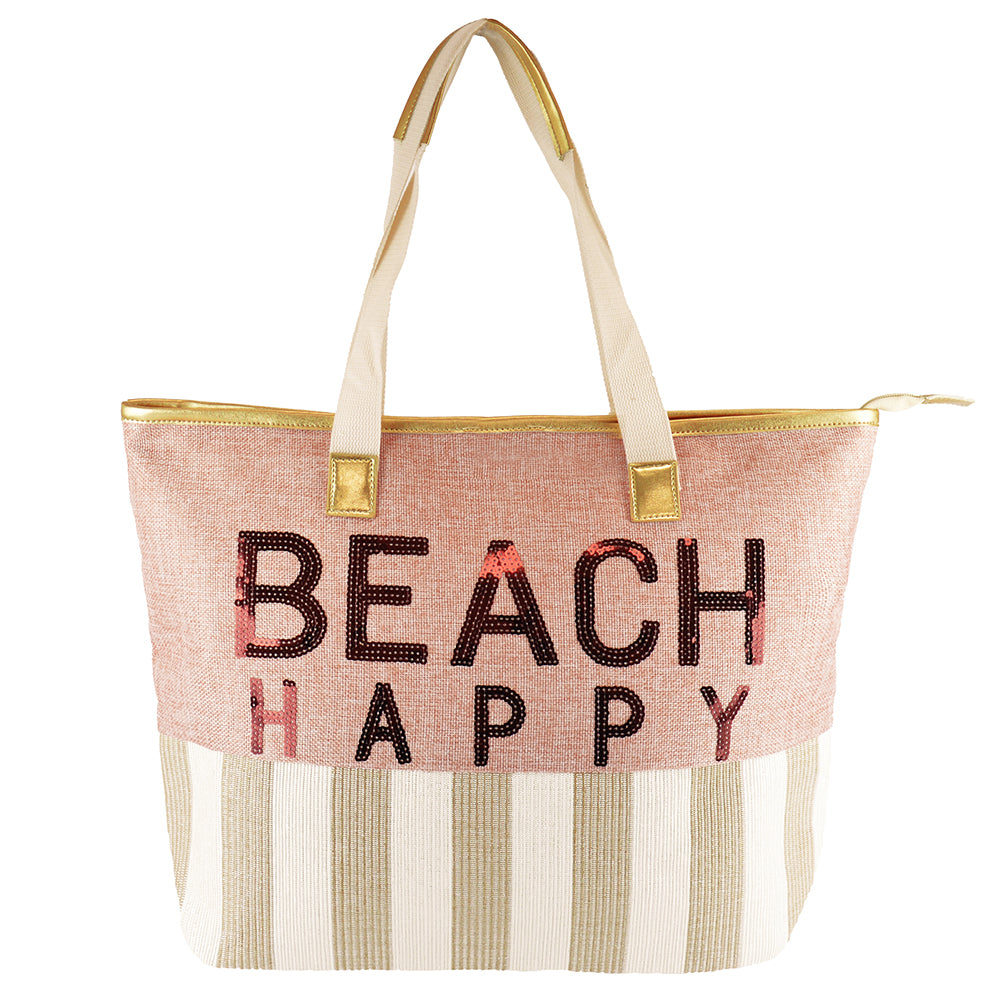 Ladies Pink and Gold Beach Happy Sequin Slogan Summer Tote Beach Bag