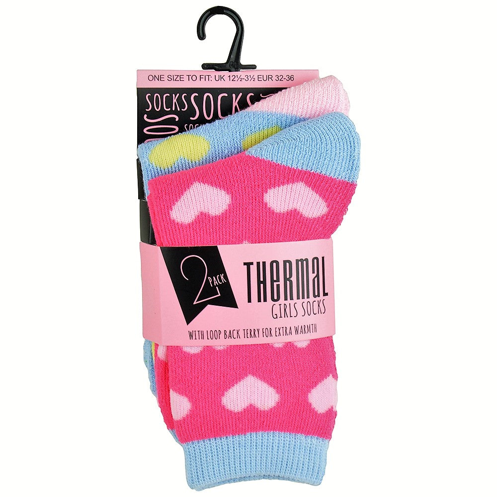 Girls 2 Pack Hearts Patterned Thermal Socks