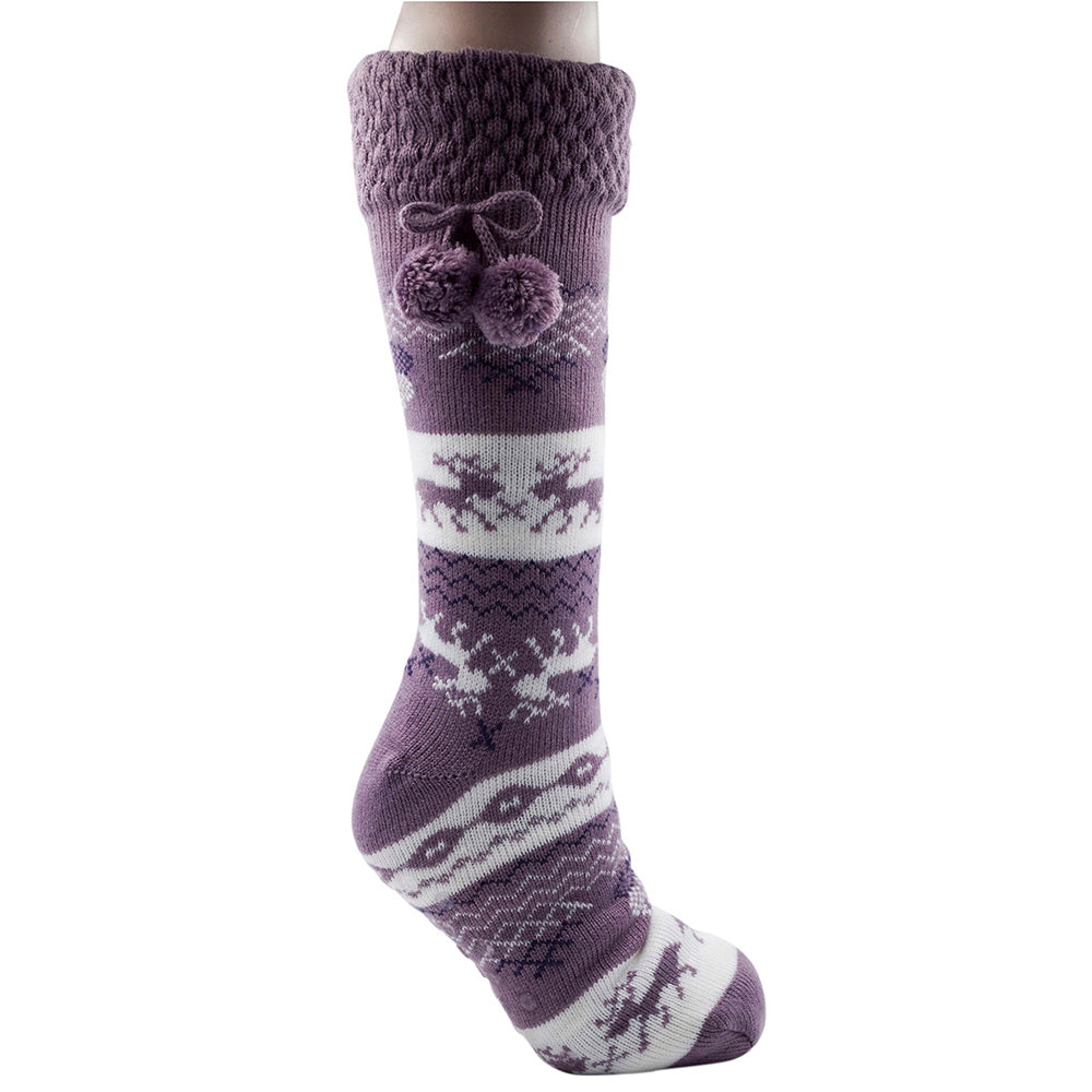 Ladies Fleece Lined Reindeer Fairisle Stripe Slipper Socks