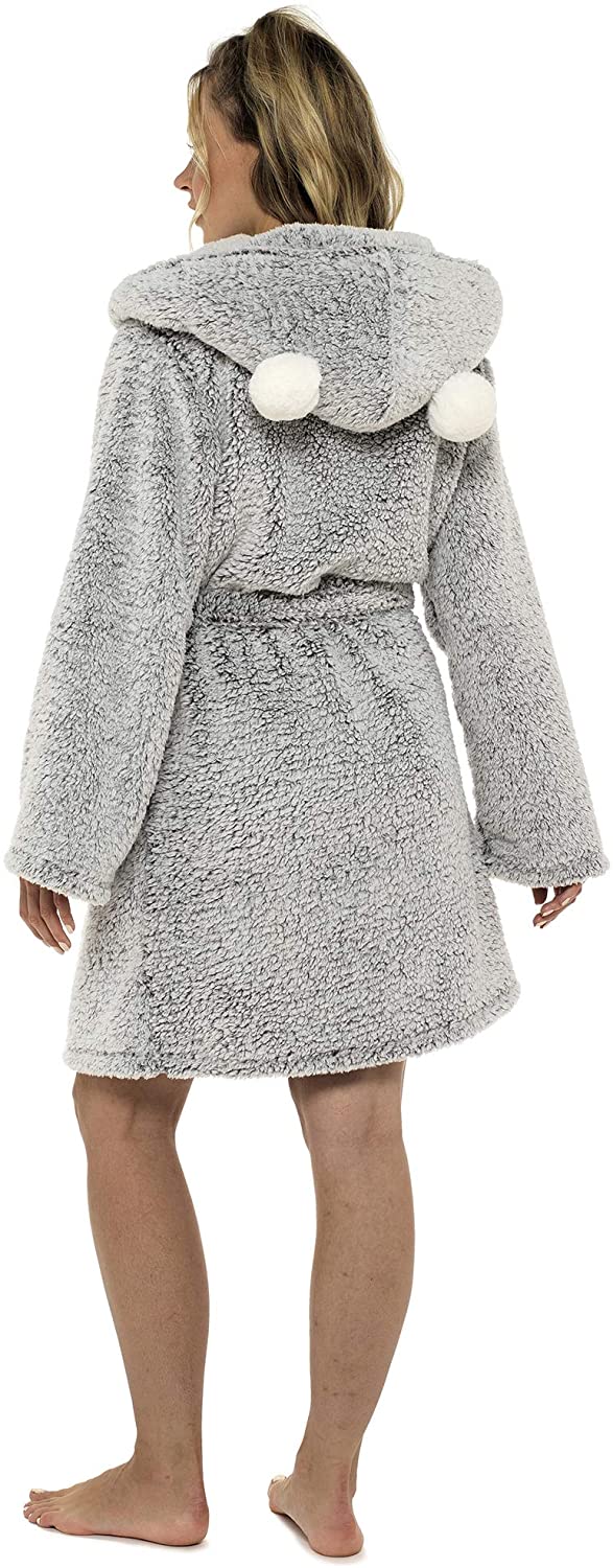 Ladies Sherpa Fleece Hooded Robe with Pom Poms