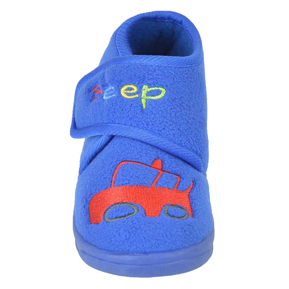 Toddler Boys Blue "Beep" Car Design Fleece Easy Close Bootie Slippers