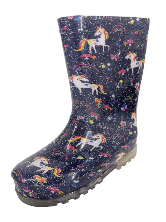 Girls Glitter Unicorn Wellies Wellington Boots with Flashing Light Soles