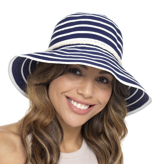 Ladies Wide Brimmed Blue and White Floppy Summer Sun Hat with Rope Bow