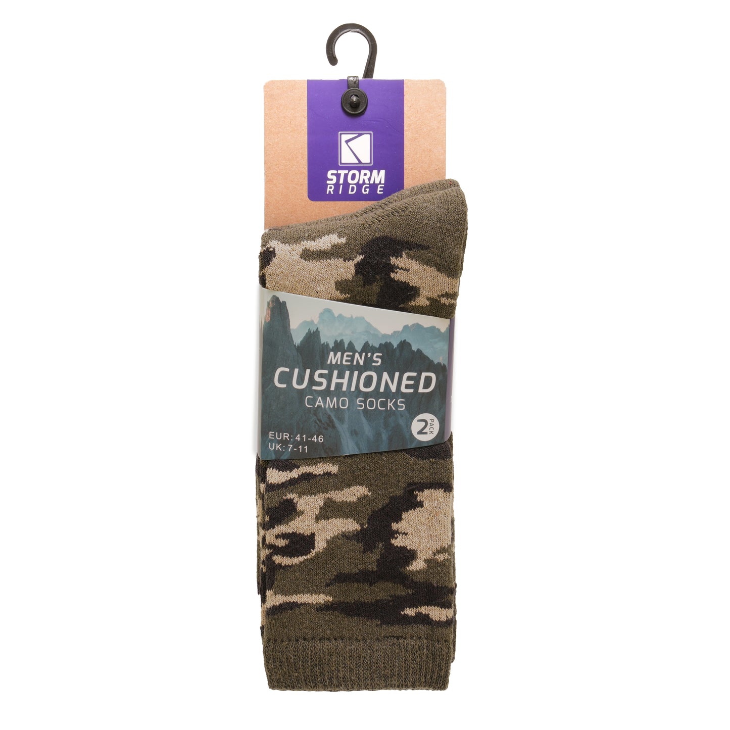 Mens 2 Pack Camo Patterned Cotton Rich Cushioned Outdoor Socks