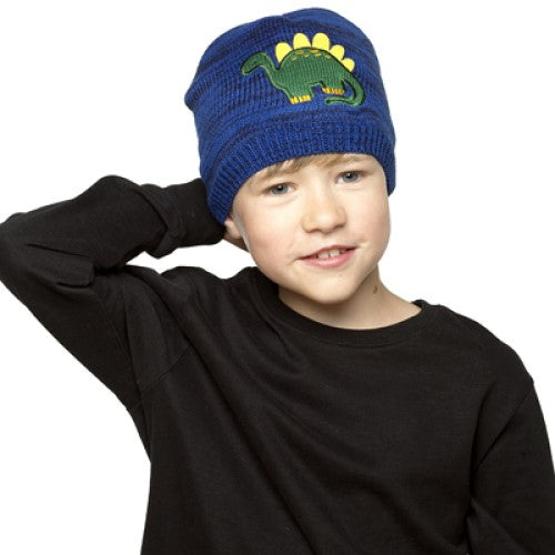 Boys Dinosaur Fleece-Lined Blue Knitted Hat -One Size