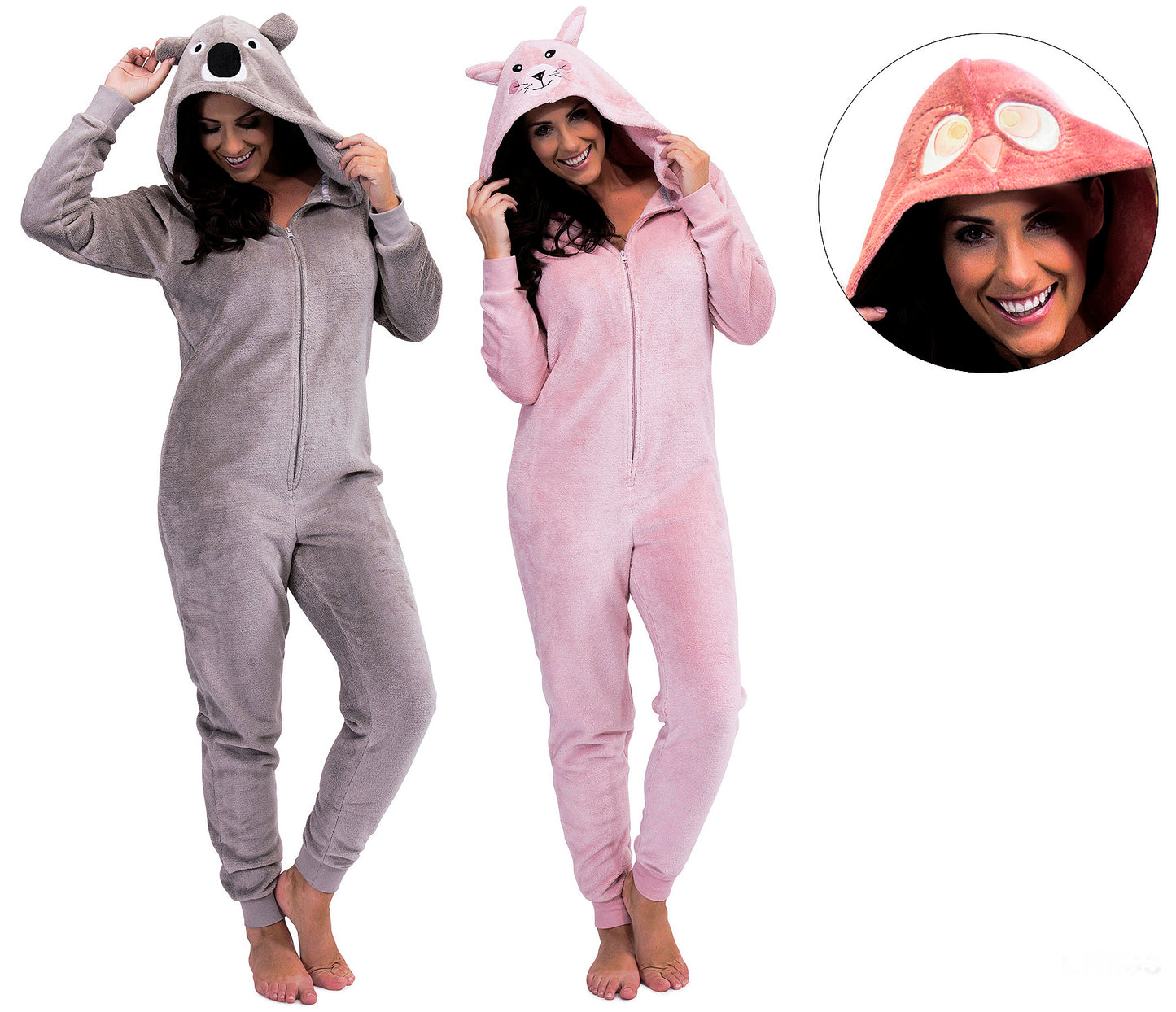 Ladies Luxury Pink Fleece All In One Fleecy Pyjamas with Owl face Hood