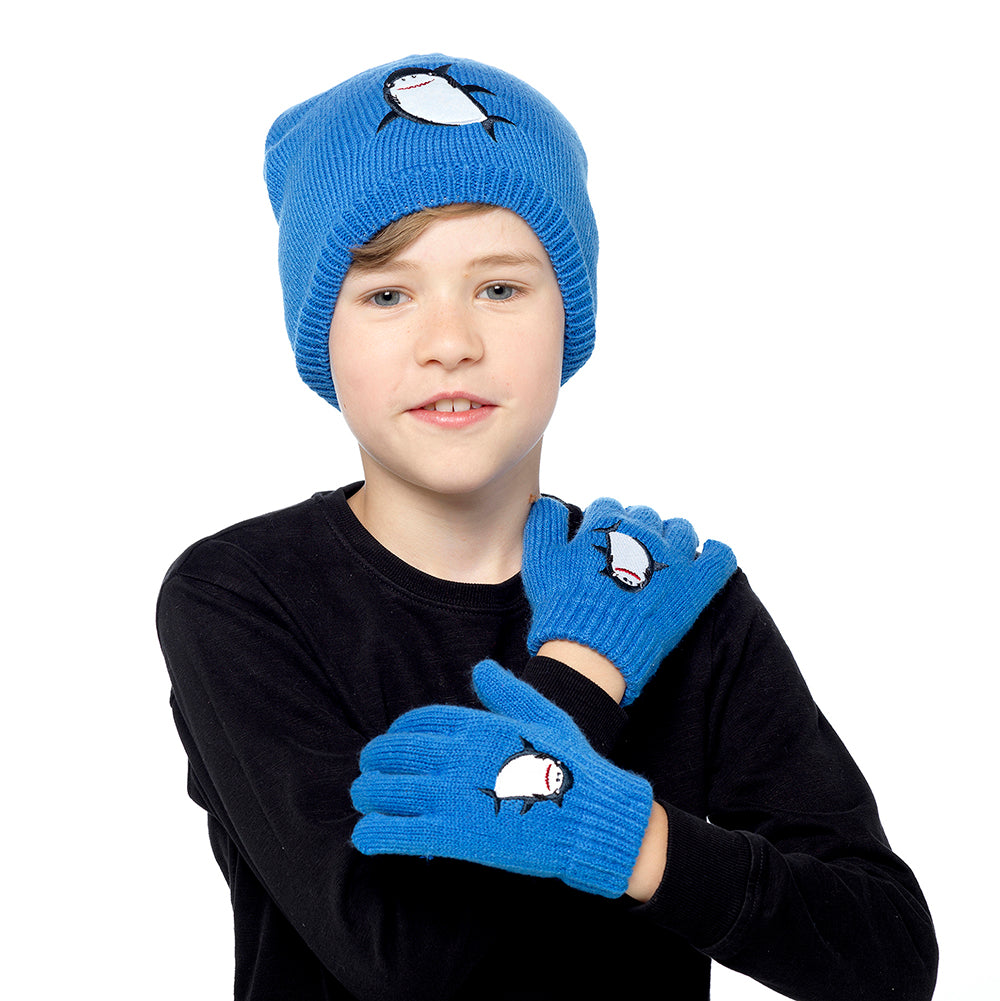 Boys Shark Design Blue Knitted Hat and Thermal Gloves Set