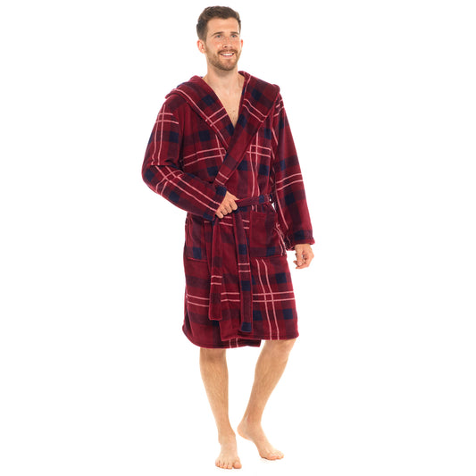 Men's Coral Fleece Tartan Checked Hooded Robe Dressing Gown