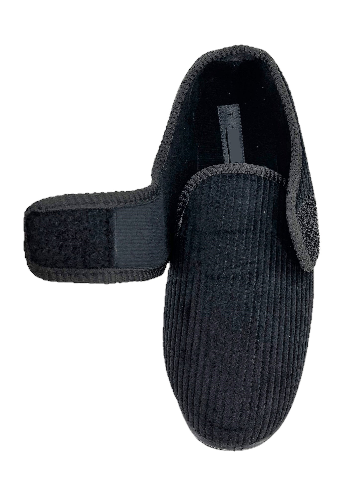 Men's Easy Access Black Corduroy Touch-and-Close Strap Slippers House Shoes