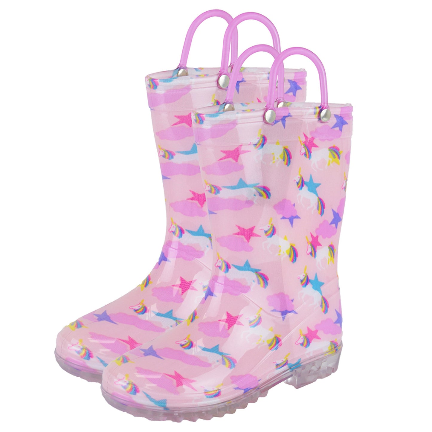 Girls Pink Unicorn Wellies Wellington Rain Boots with Pull On Handles