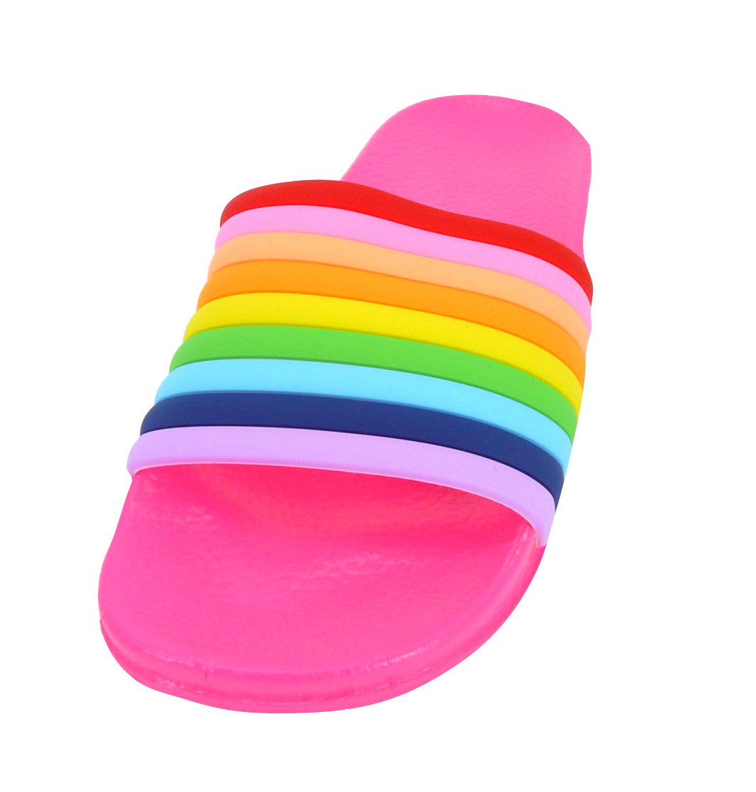 Girls Rainbow Striped Pool Sliders Beach Sandals Flip Flops