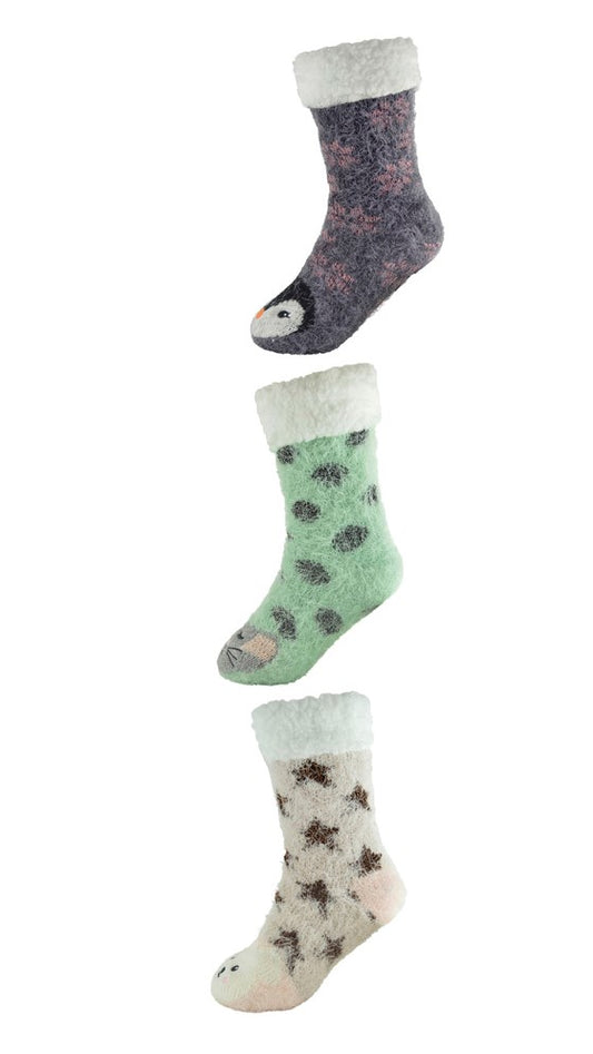 Ladies Animal Face Sherpa Lined Slipper Socks One Pair, 3 Colours to choose from