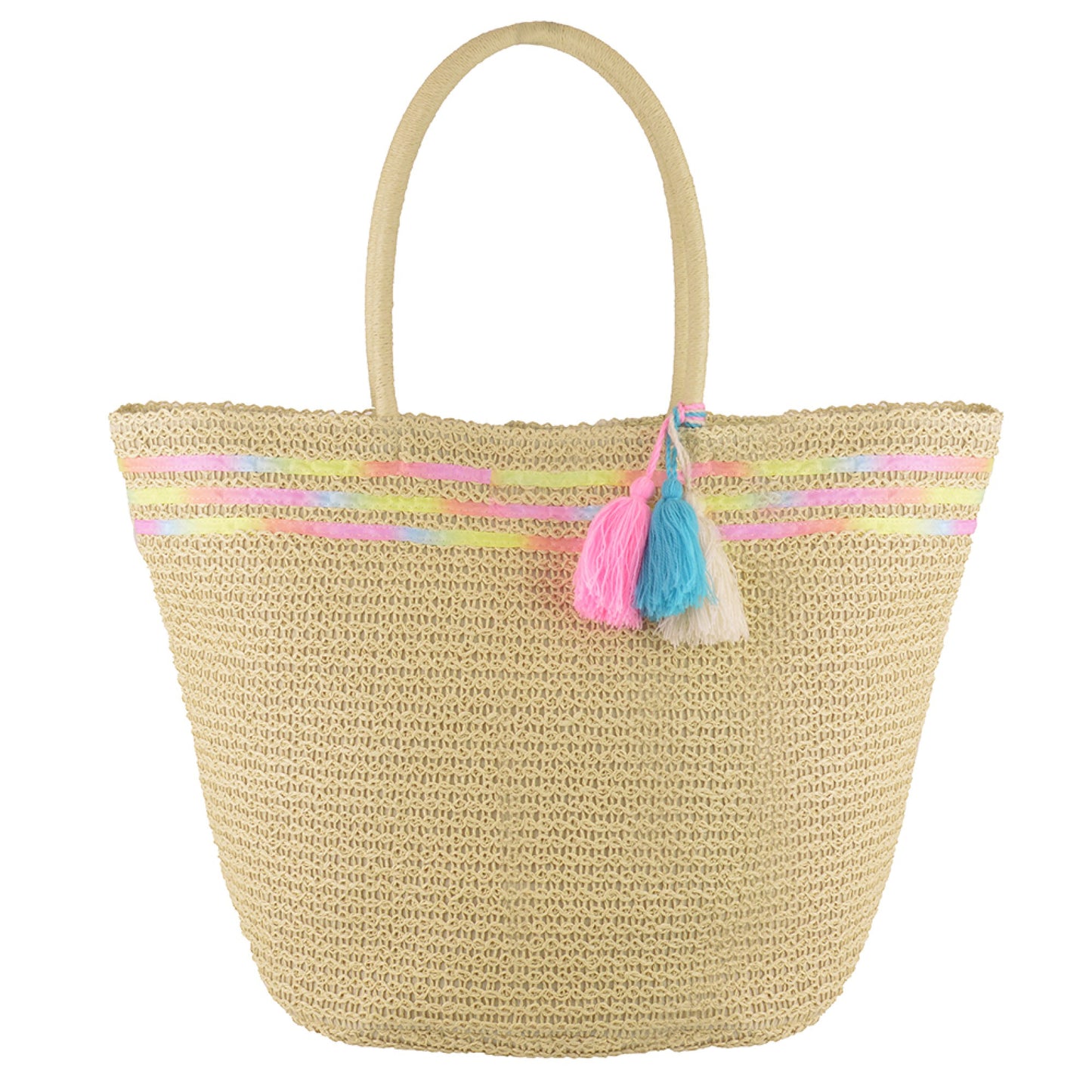 Cream Paper Straw Summer Tote Beach Bag with Pom Poms
