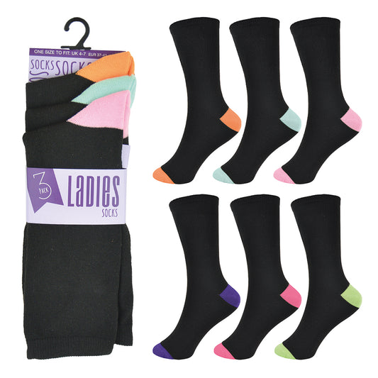 6 Pairs Ladies Black and Multicoloured Ankle Socks - UK 4-7