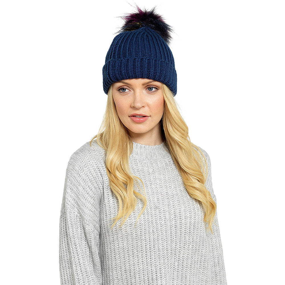 Ladies Chunky Knitted Hat with Multicolured Faux Fur Bobble