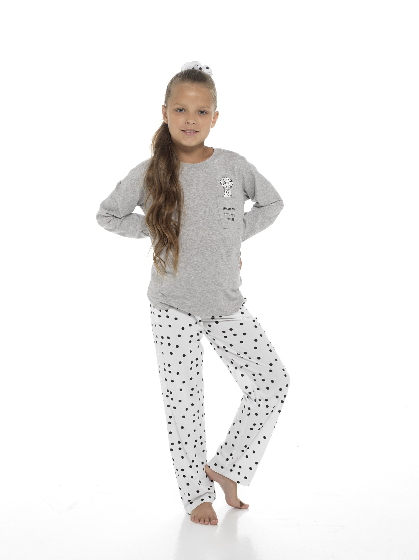 Girls Dalmatian Dog Print Cotton Blend Pyjamas with Matching Scrunchie Set
