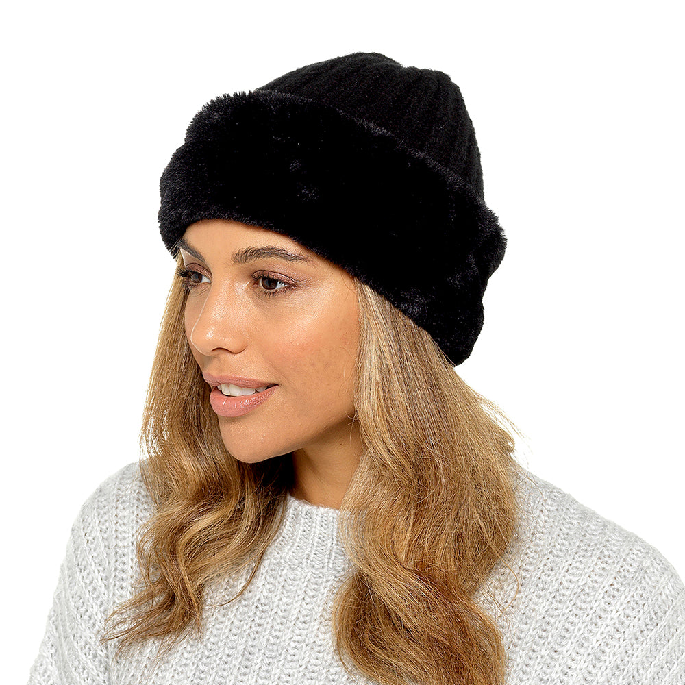 Ladies Knitted Beanie Hat with Faux Fur Trim