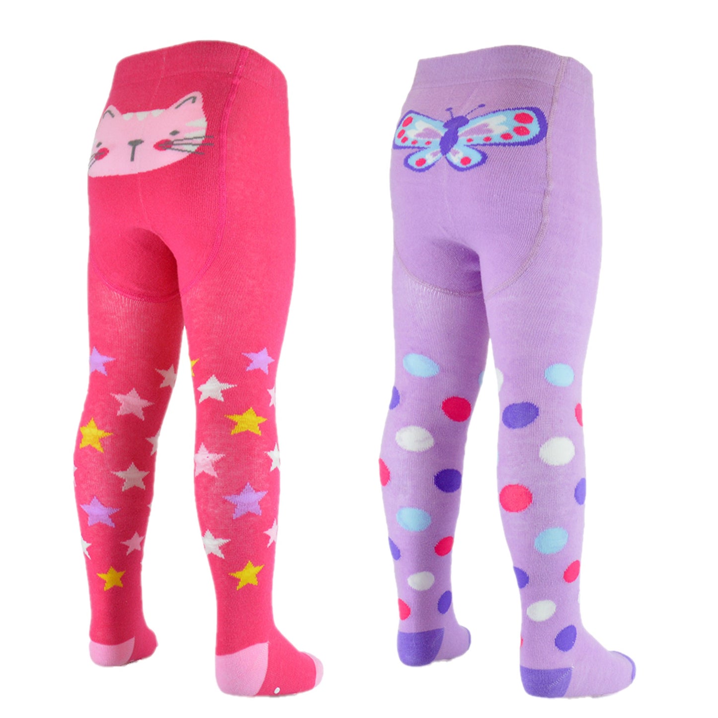 Baby Girls' Cotton Rich Cat and Butterfly Design Tights 2 Pack