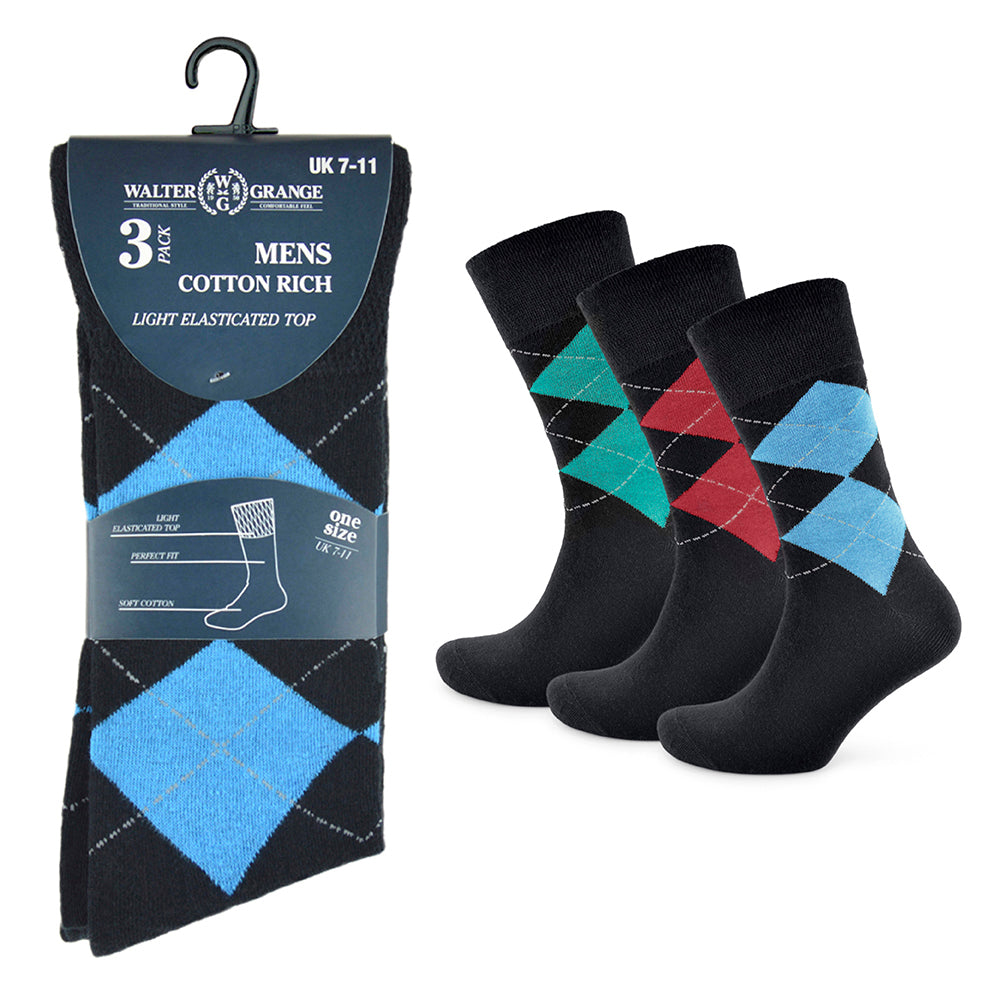 6 Pack Men's Light-Elasticated Top Argyle Cotton-Rich Socks